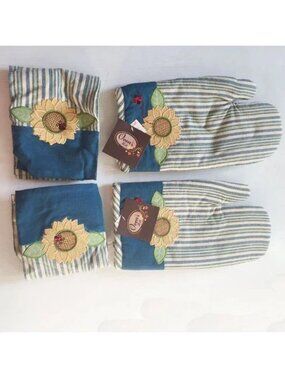 HTF Oven Mitt Set + 2 Towels 🌻 Embroidered Sun Flowers & Bees